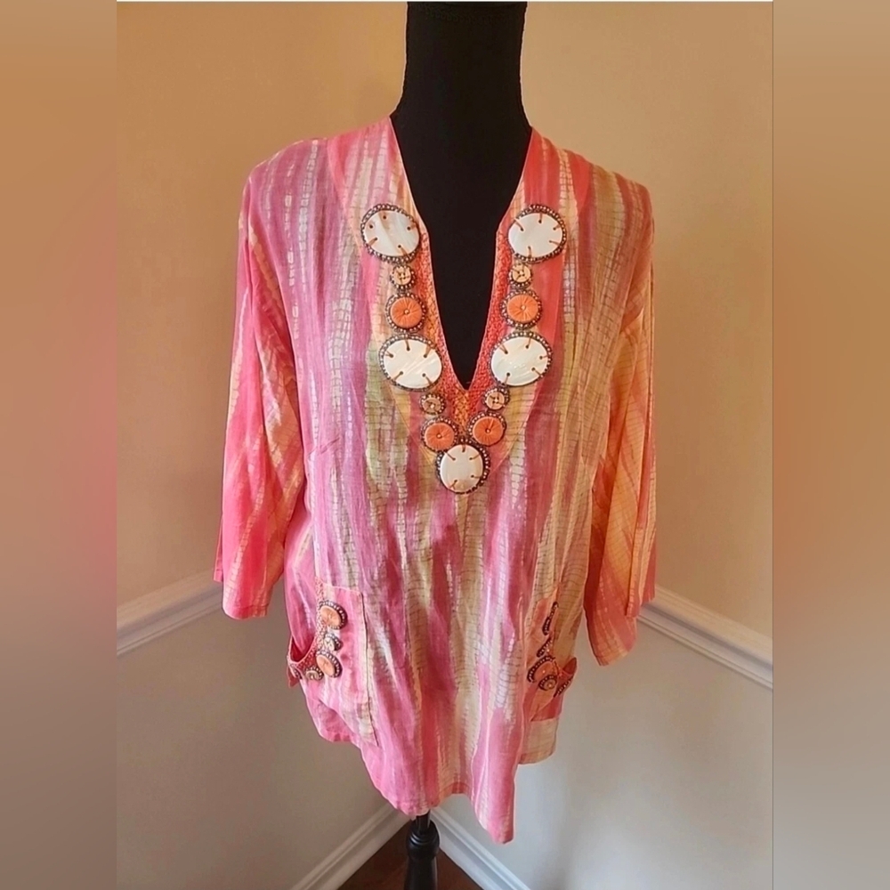 Soft Surroundings Embellished  Tie Dye Tunic Top Pink / Orange Wht Size S